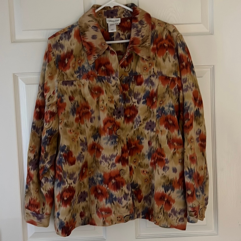 Coldwater Creek Tan Red Purple‎ Floral Abstract 100% Cotton Casual Jacket Sz 1X